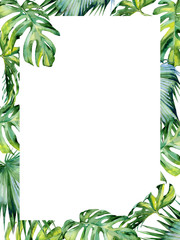 Watercolor illustration of tropical leaves, dense jungle. Hand painted. Banner with tropic summertime motif may be used as wedding or greeting card. Invitation template. Holyday or birthday greeting - 132154915