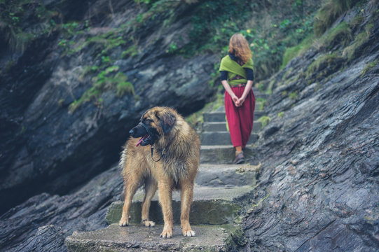 Woman walking dog in nature