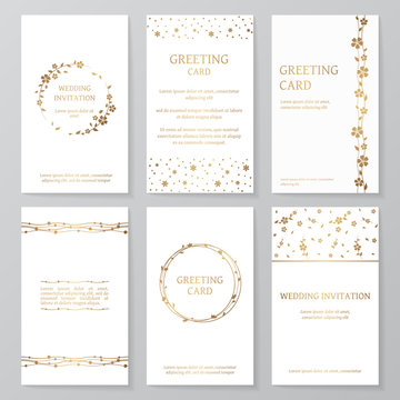 Set of six retro templates with gold floral ornament. Vector vintage wedding invitations and greeting cards with flowers (wreath, border, pattern).