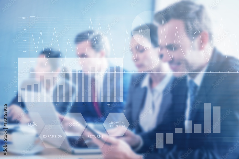 Poster composite image of business interface with graphs and data