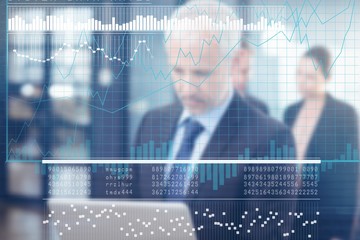 Composite image of business interface with graphs and data