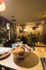 fruit basket in modern colorful cafe interior.selective focus