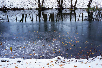 Ice on river, orange leaves on ice and reflection of trees in wa