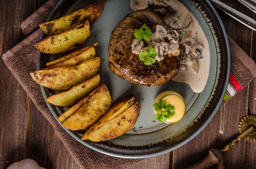 Steak with pepper sauce and mushrooms