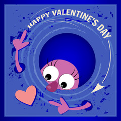 Pink monster gives heart to the Valentine's day. Blue background.