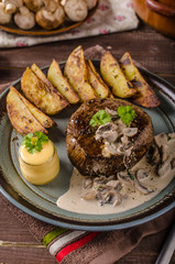 Steak with pepper sauce and mushrooms