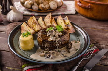 Steak with pepper sauce and mushrooms