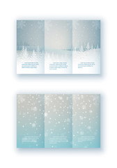 christmas leaflet vector illustration set. Blue winter theme with falling snow, spruces on the hill
