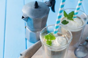 Summer iced coffee with milk and ice cream