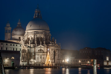 Fototapeta na wymiar Christmas in Venice, The Basilica of the Santa Maria della Salute with a Christmas tree