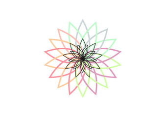 Lotus flower vector illustration, buddhism symbol, logo or icon element isolated, radial geometric shapes, minimal mandala. Explosion of rainbow colors.