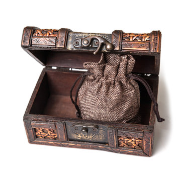 Old wooden chest with pounch