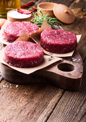 Raw ground beef, round patties for making burgers