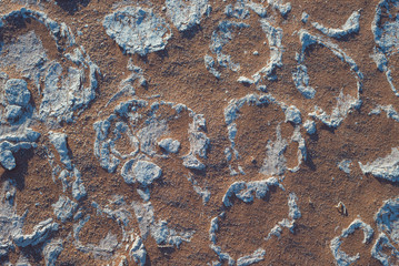 Mud cracks on clay soil with red sand. Sossusvlei, Namib Naukluft National Park. Natural background and texture.