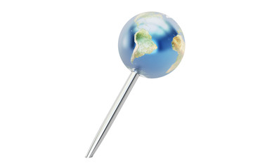 push pin with globe, 3D rendering
