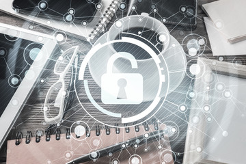 Business workplace with tablet pc and security concept