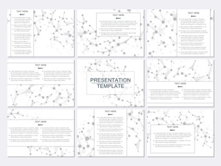 Set of modern business presentation templates in A4 size. Abstract background with molecule structure DNA and neurons. Medicine, science, technology concept. Scalable vector graphics.