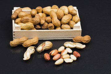 Peanuts in shell with black background texture