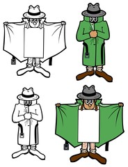 Creepy guy in a raincoat flashes copy space for your advertisement.