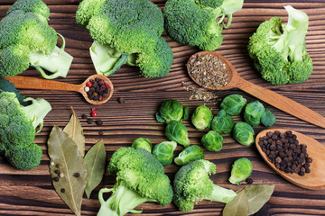 beautiful still life with herbs and spices on a wooden table. Horizontal top view