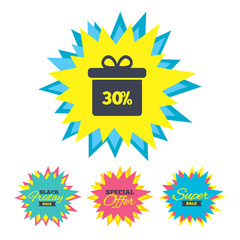 30 percent sale gift box tag sign icon.