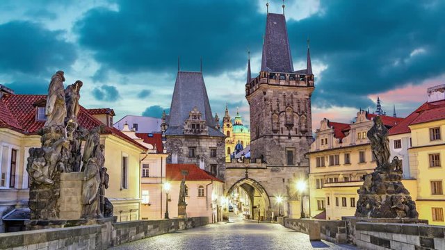 Malostranska tower on Charles bridge in the morning (static image with animated sky) in Prague, Czech Republic
