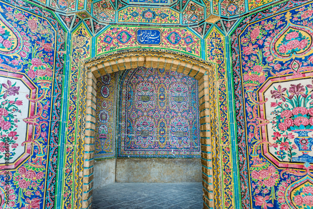 Sticker ornaments in Nasir ol Molk Mosque (Pink Mosque) in Shiraz city in Iran