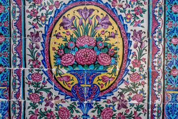 Tiled wall in Nasir ol Molk Mosque (Pink Mosque) in Shiraz city in Iran