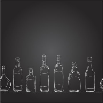 Vector set of bottles with alcohol, the style of chalk on a blackboard
