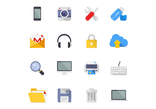 16 Flat Tech and Communications Icons