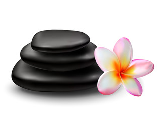 Stack of black zen stones with plumeria flower