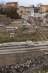 Fototapeta na wymiar PLOVDIV, BULGARIA - DECEMBER 30 2016: Panorama of Ruins of Roman Odeon in city of Plovdiv, Bulgaria