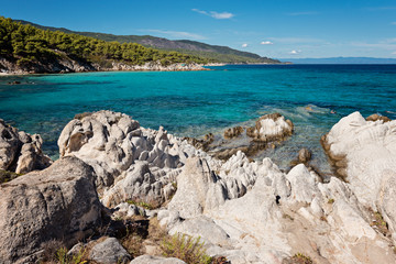 View of the Kavourotrupes beach, Sithonia, Halkidiki,  in Greece.