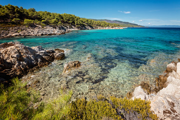 Fototapeta na wymiar View of the Kavourotrupes beach, Sithonia, Halkidiki, in Greece.