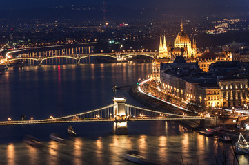Stunning Budapest, Panorama with the Danube river, Chain Bridge and the Parliament Building

