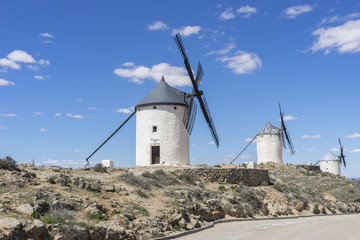 White wind mills for grinding wheat. Town of Consuegra in the pr
