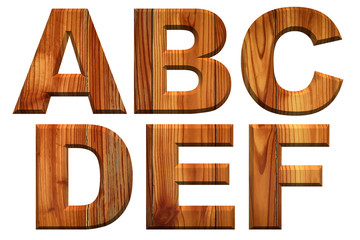 English alphabets made from wood. Isolated texts on white background.