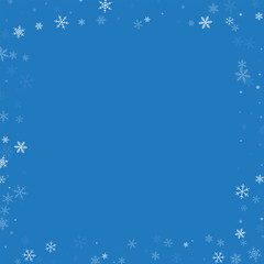 Sparse snowfall. Square scattered border on blue background. Vector illustration.