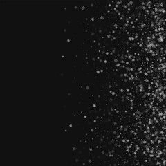 Beautiful snowfall. Scatter right gradient on black background. Vector illustration.