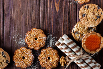 a variety of delicious cookies on the table. horizontal view from the top