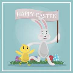 Vector cartoon illustration with easter rabbit, chick and eggs. Concept of Happy Easter.