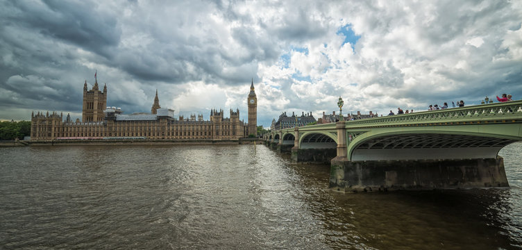 London - Thames bridge, Big Ben and houses of parliament in panoramic view