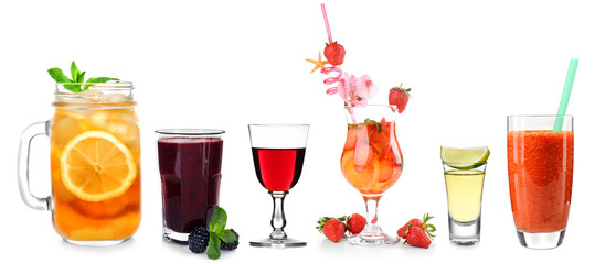 Delicious cocktails on white background