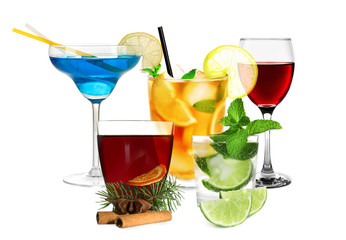 Delicious cocktails on white background