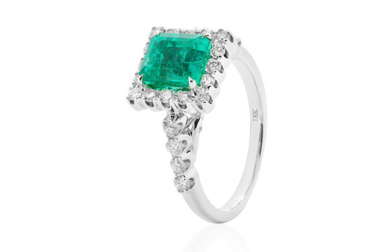 anillo argolla con esmeralda y  diamantes en oro y plata