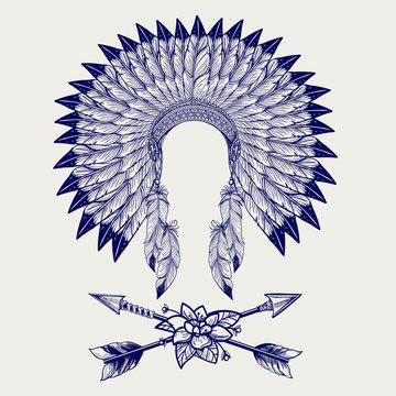 Hative american headdress from feathers and arrows with flower. Vector illustration
