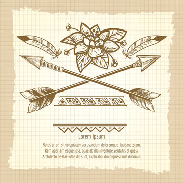 Vintage poster design with cross of arrows flower feathers and ethnic ornaments. Vector illustration