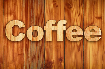 Beautiful wood background. Wooden words around about coffee shop or business. Coffee shop tags and banner equipments. A label for commercial use.