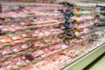 Supermarket blur background with miscellaneous product shelf