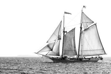 Tall ship at sea black and white isolated with copy space
